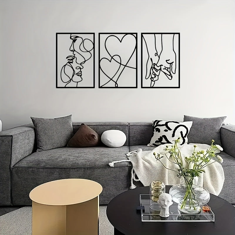 2D Flat, 3pcs set of heart-shaped pattern wall decor with kissing lovers and hand in hand