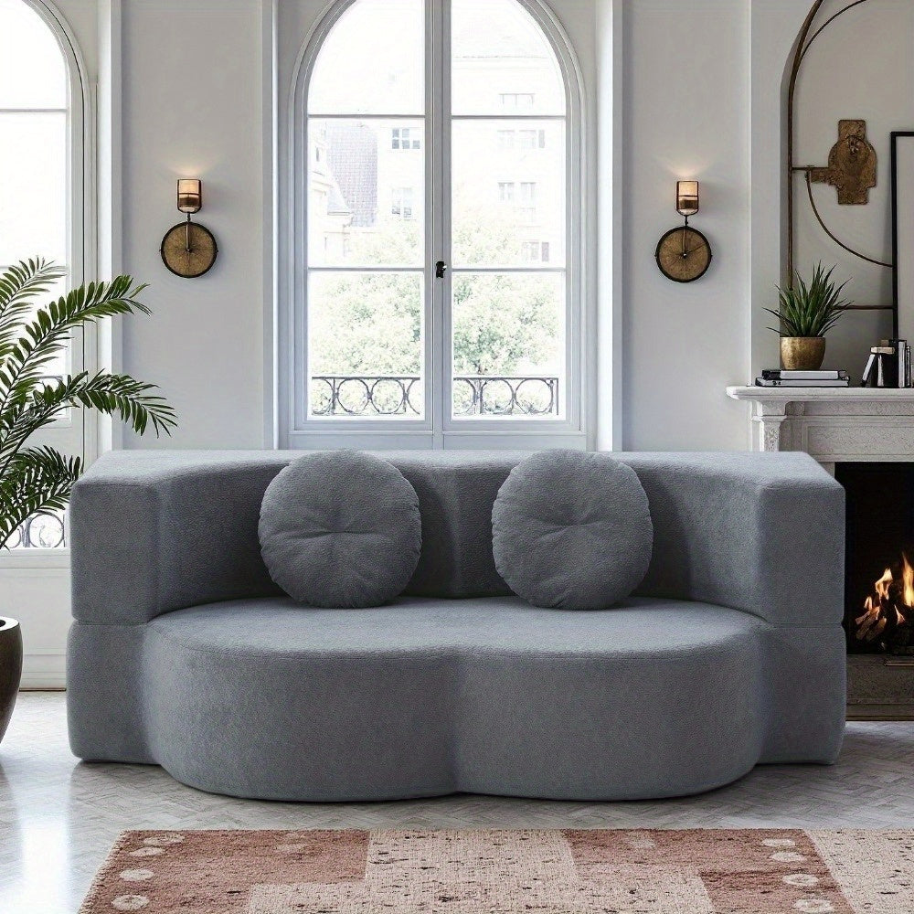 Modern Floor Sofa with 2 Pillows, Convertible Teddy Fabric Foam-Filled Sleeper Sofa Bed, 15\