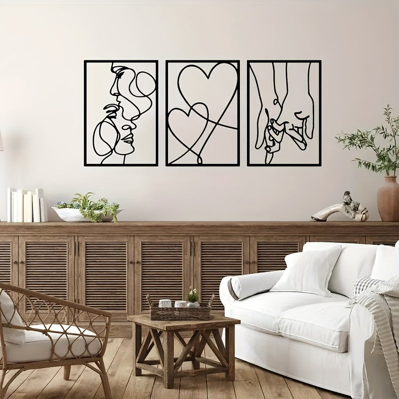 2D Flat, 3pcs set of heart-shaped pattern wall decor with kissing lovers and hand in hand