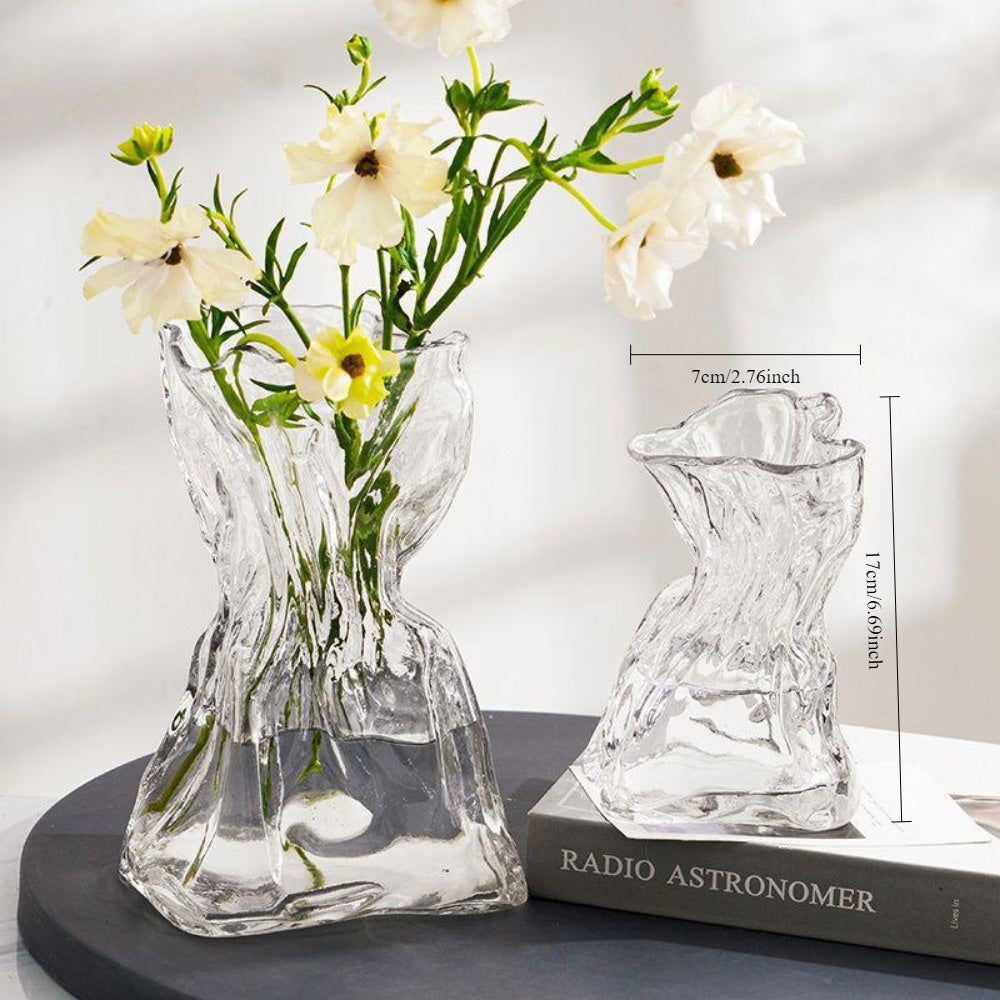 1pc Elegant Glass Ribbed Vase - Vintage Style Decorative Centerpiece for Home, Living Room