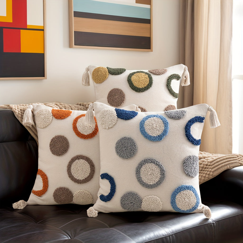 1pc Bohemian Tufted Geometric Circular Pillow Cover with Tassels - Neutral & Multicolor Textured Cushion Case