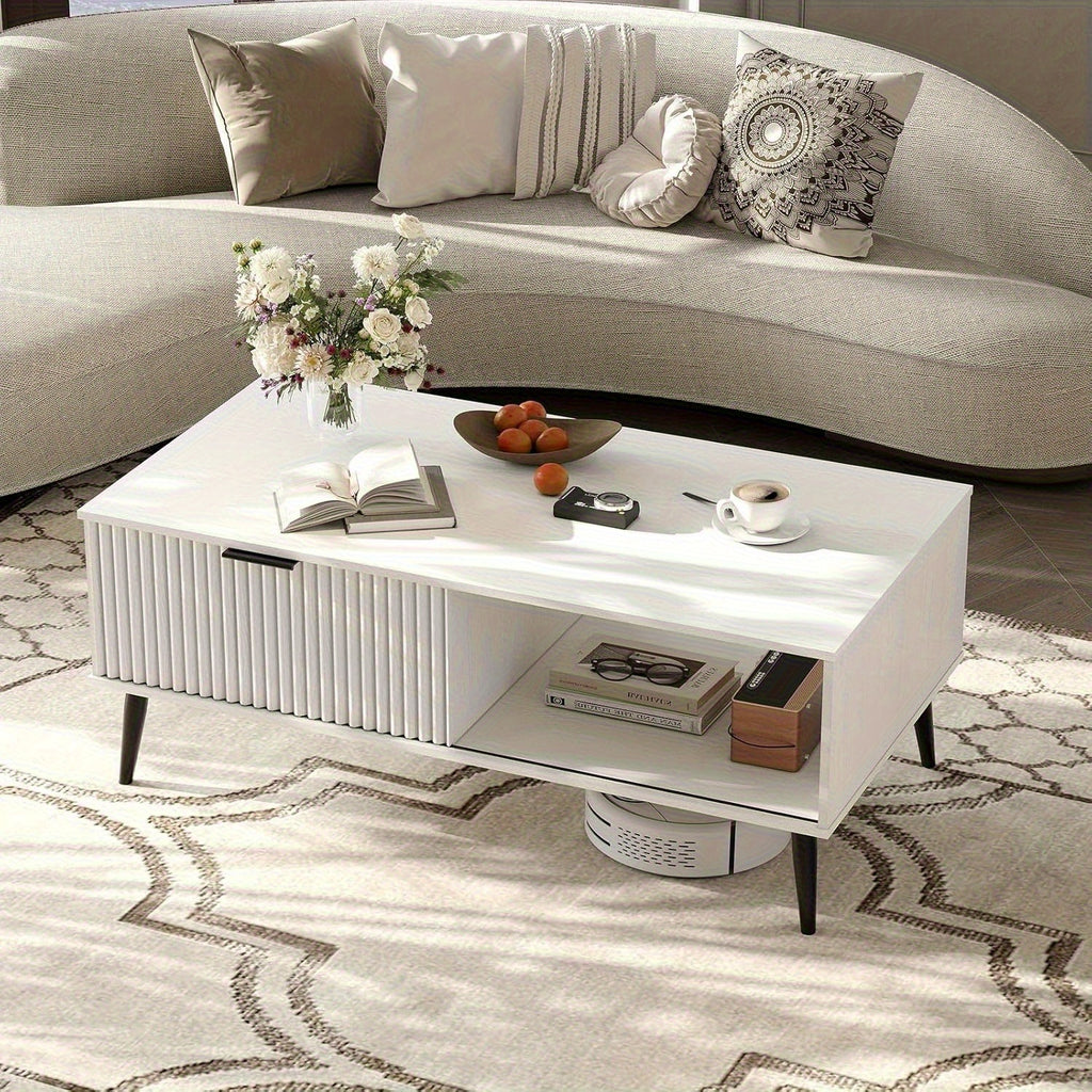Mid-Century Modern Coffee Table with Sliding Door Storage - Large Rectangle Living Room Center Table