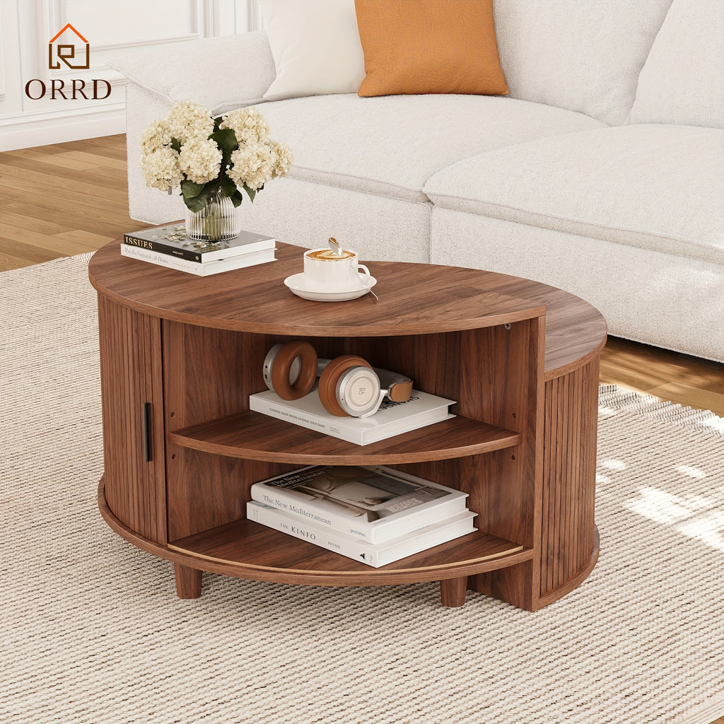 ORRD Modern Round Coffee Table with Sliding Doors - Fluted Design