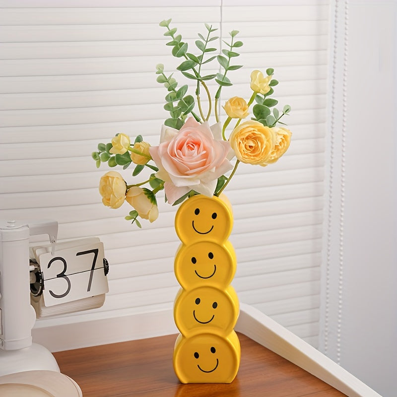 1pc Ceramic Happy Face Bud Vase, Art Deco Cartoon Patterned, Round Shape Boho Centerpiece