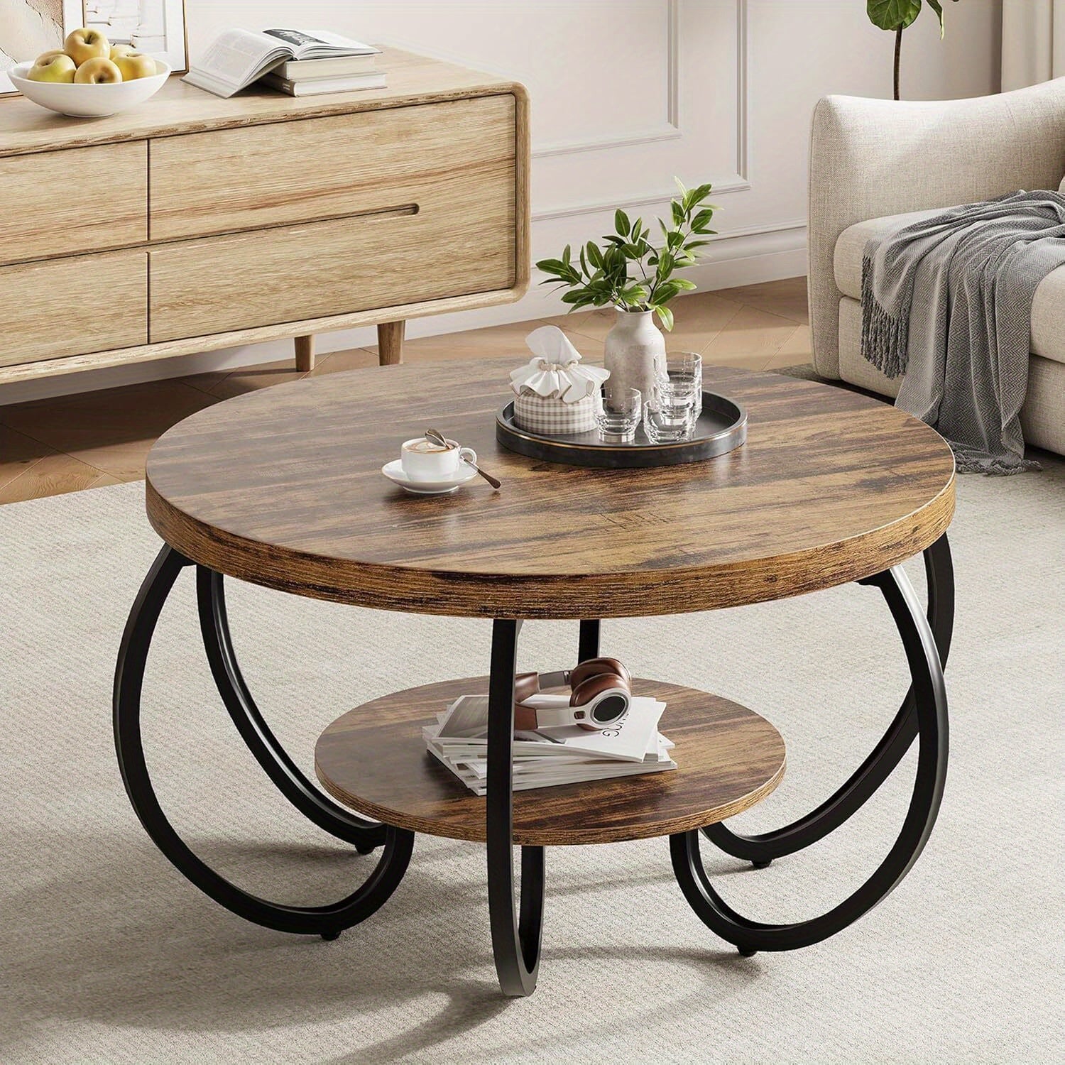 30-inch Round Industrial Modern Coffee Table with Oak Grain Finish & Adjustable Height Legs - Double-Layer Storage Shelf