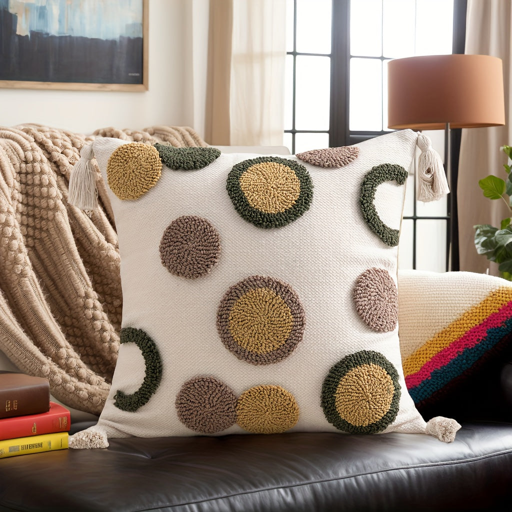 1pc Bohemian Tufted Geometric Circular Pillow Cover with Tassels - Neutral & Multicolor Textured Cushion Case