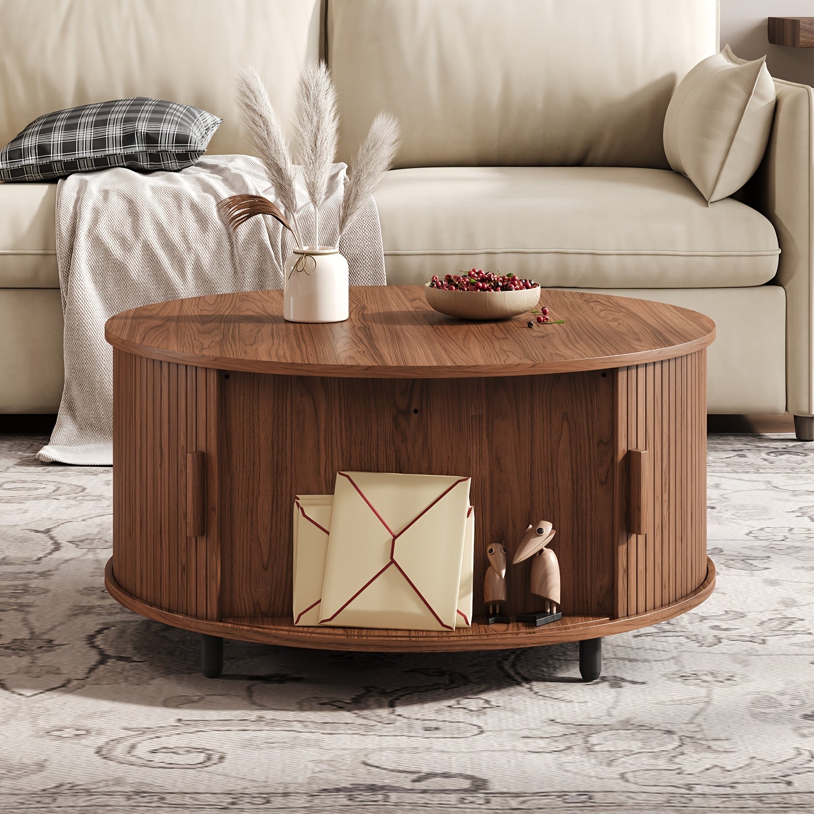 31.5 Inch Wooden Round Coffee Table With Storage Space