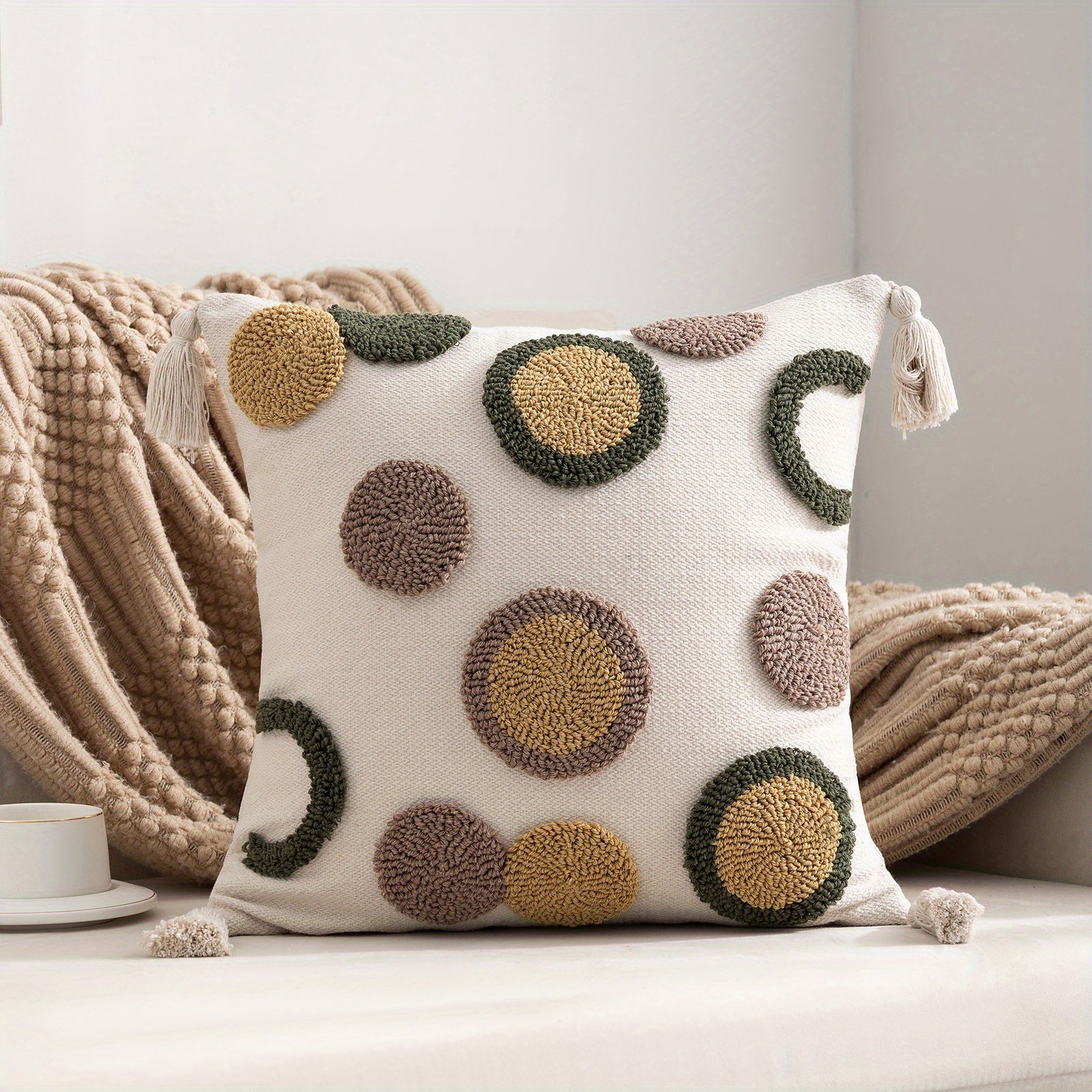 1pc Bohemian Tufted Geometric Circular Pillow Cover with Tassels - Neutral & Multicolor Textured Cushion Case