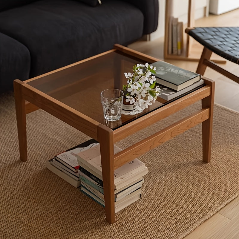 Modern Minimalist Coffee Table - Solid Wood & Brown Tempered Glass Top