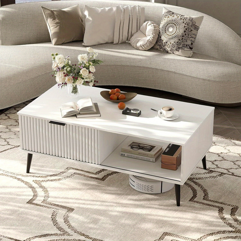 Mid-Century Modern Coffee Table with Sliding Door Storage - Large Rectangle Living Room Center Table