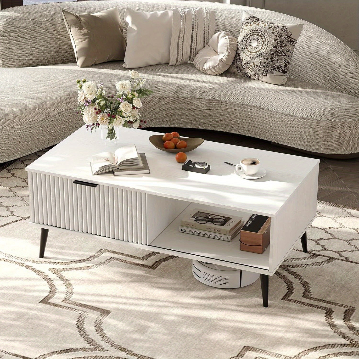 Mid-Century Modern Coffee Table with Sliding Door Storage - Large Rectangle Living Room Center Table