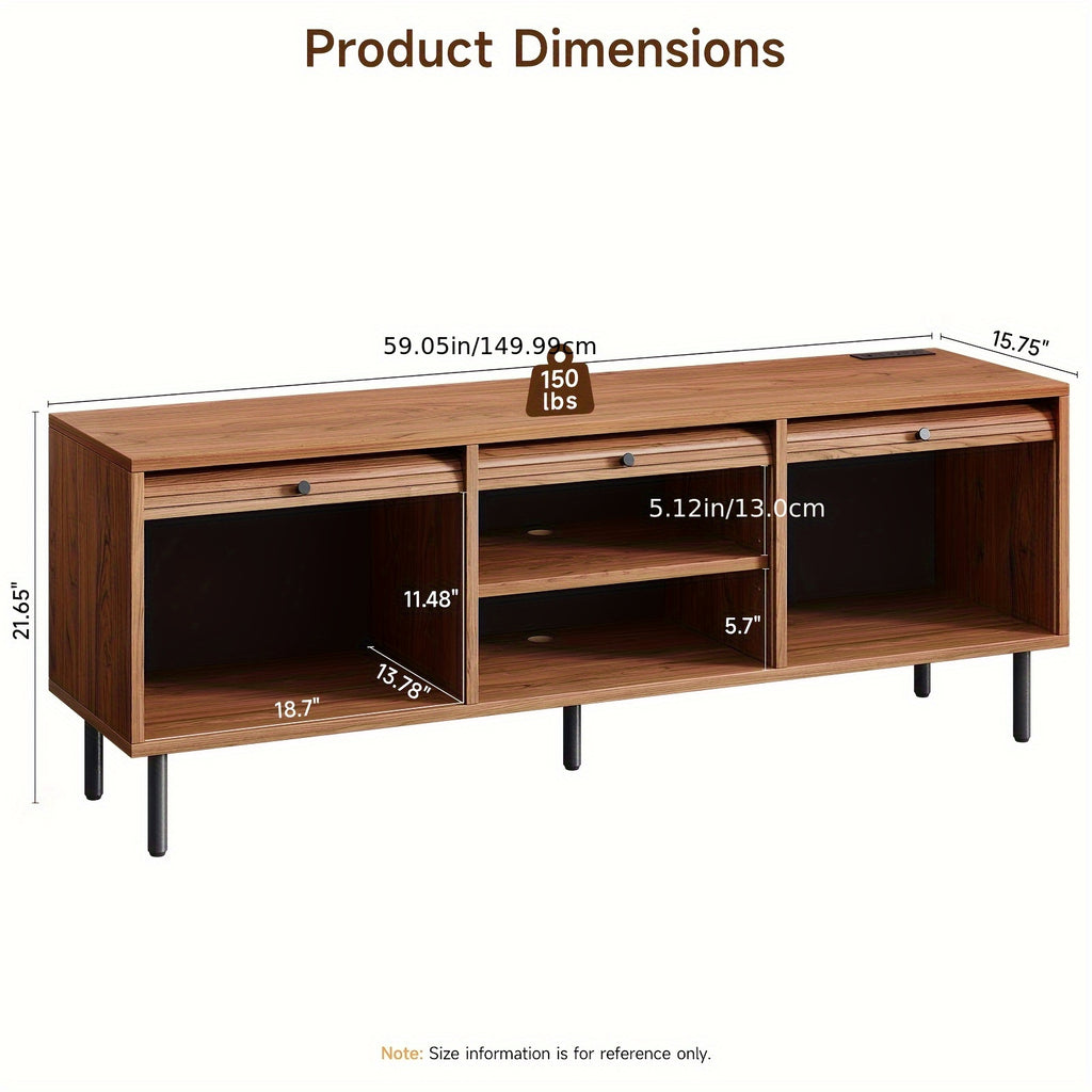 Walnut TV Stand Mid-Century Modern Walnut TV Stand - 59 Inch Entertainment Center with Power Outlet