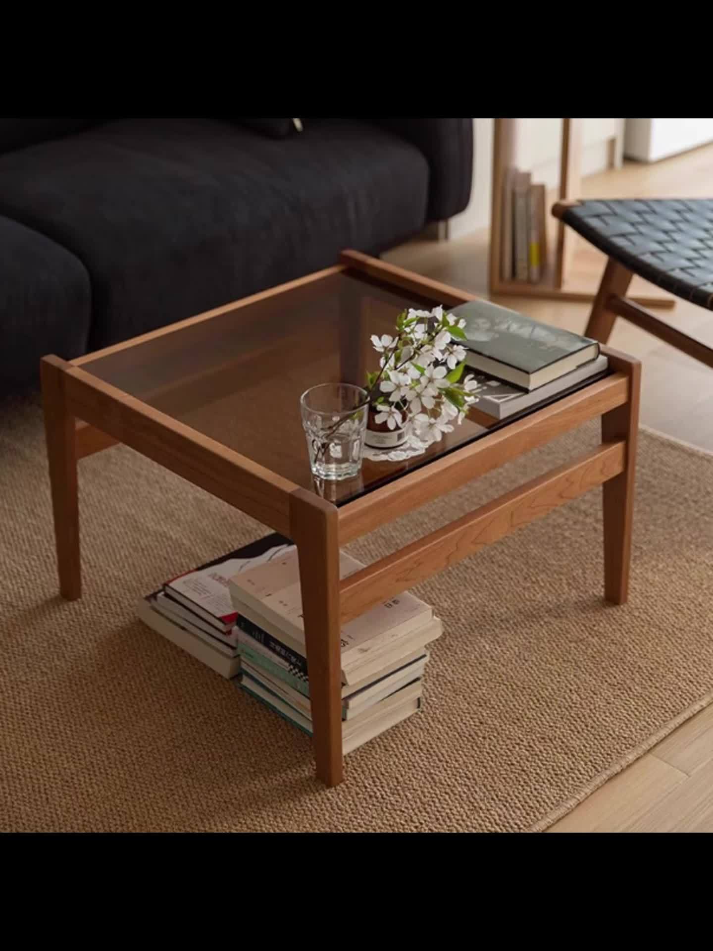 Modern Minimalist Coffee Table - Solid Wood & Brown Tempered Glass Top