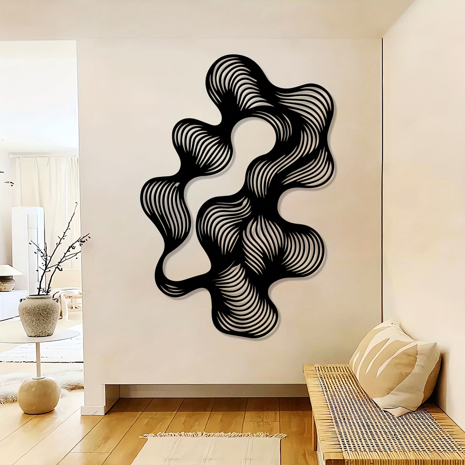 1pc Retro-Modern Abstract Flow Line Metal Wall Art - Black Iron Wire Mural with Dynamic Curves