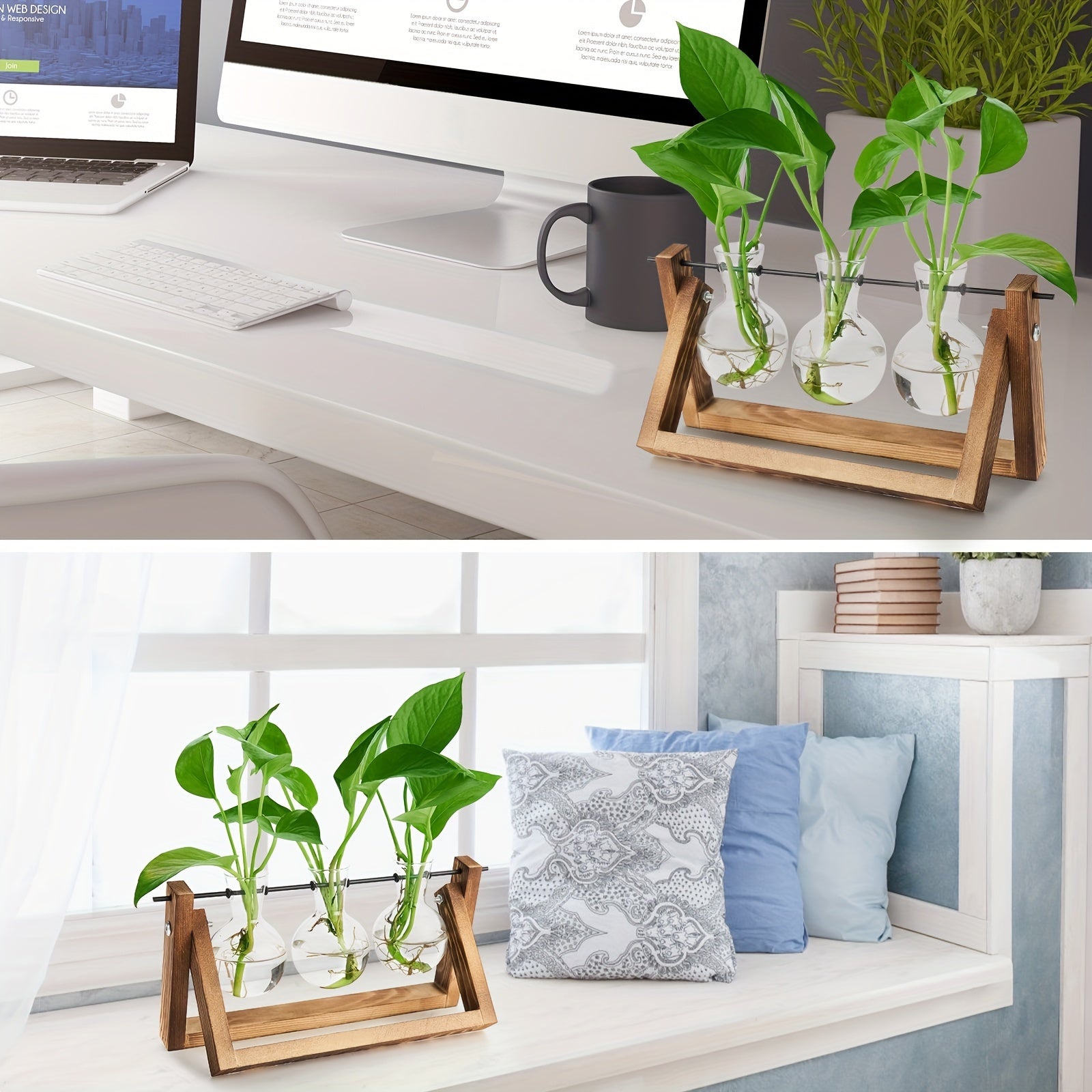 3 Glass Bulb Pots with Stand Set of 3 Glass Plant Containers with Wooden Stand - Glass Bulb Pots