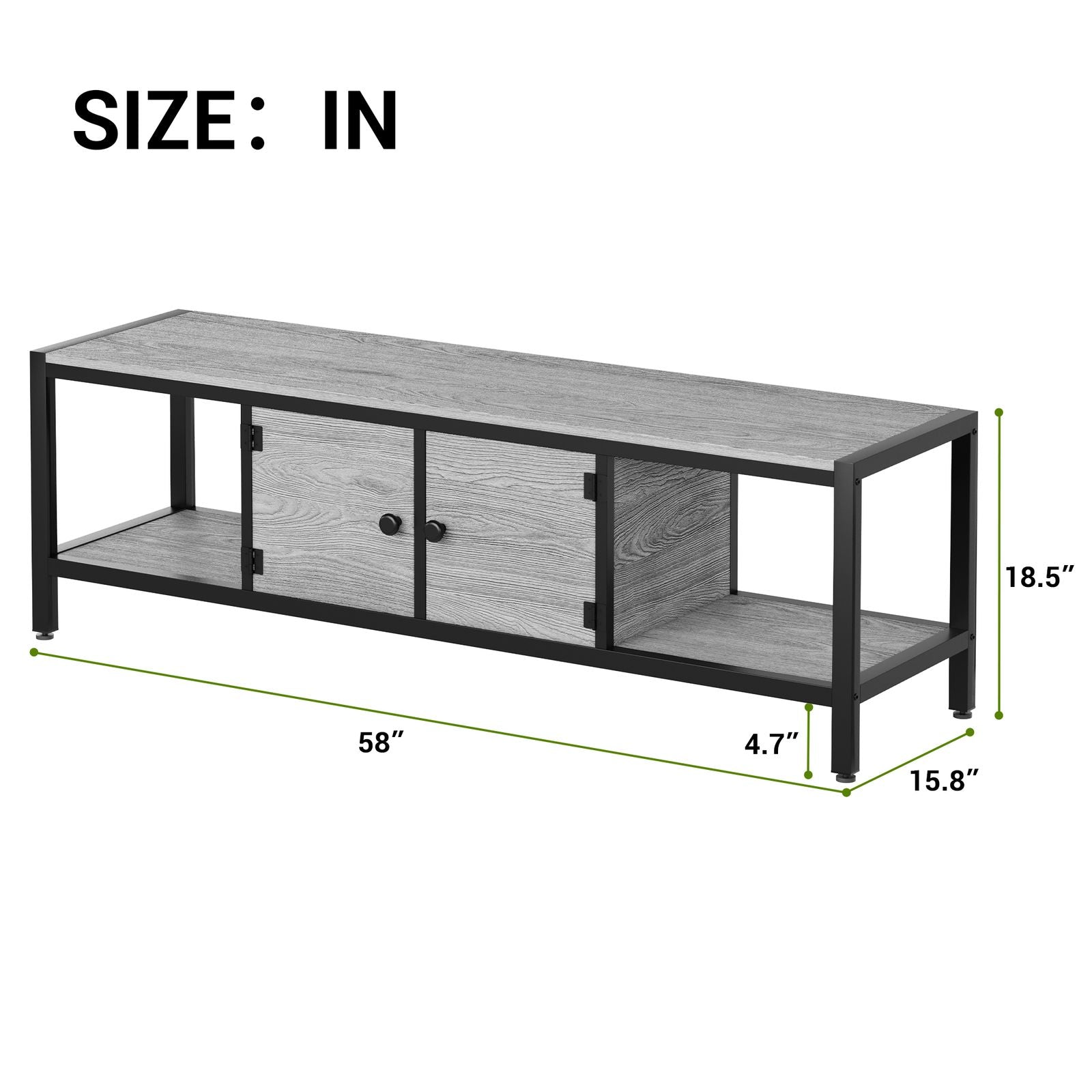 Modern Double Door TV Stand Cabinet with MDF-like - Heavy-Duty Metal, Grey Wood-Look Doors