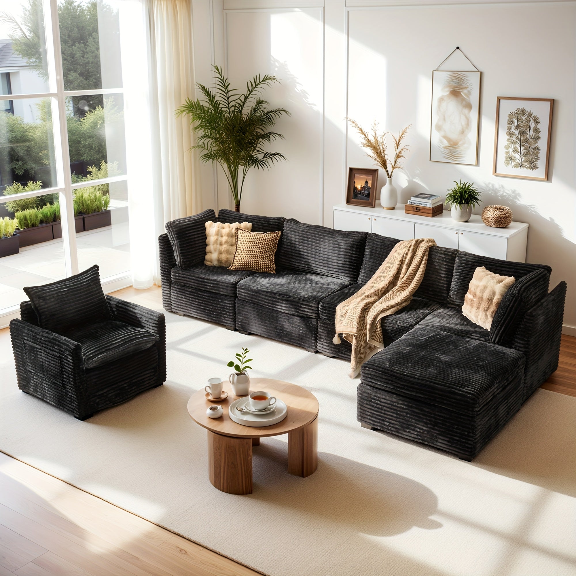Living Room Sectional Sofa for Large Space, Deep Seat Modular Couch with A Single Rocking Sofa Chair