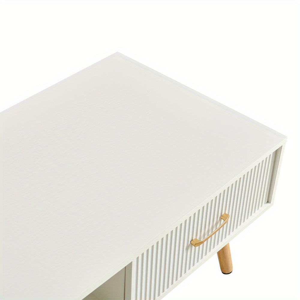 Modern White Rectangle Coffee Table with Sliding Storage Drawer & Solid Wood Legs - Space-Saving MDF Top