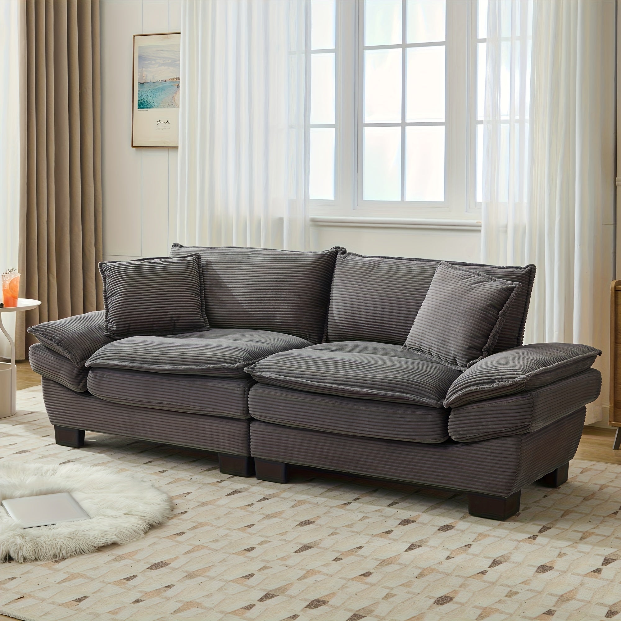 2-Seat Modular Sectional Sofa With Deep Seating, Corduroy Double-Layer Seat Cushions, Memory Foam