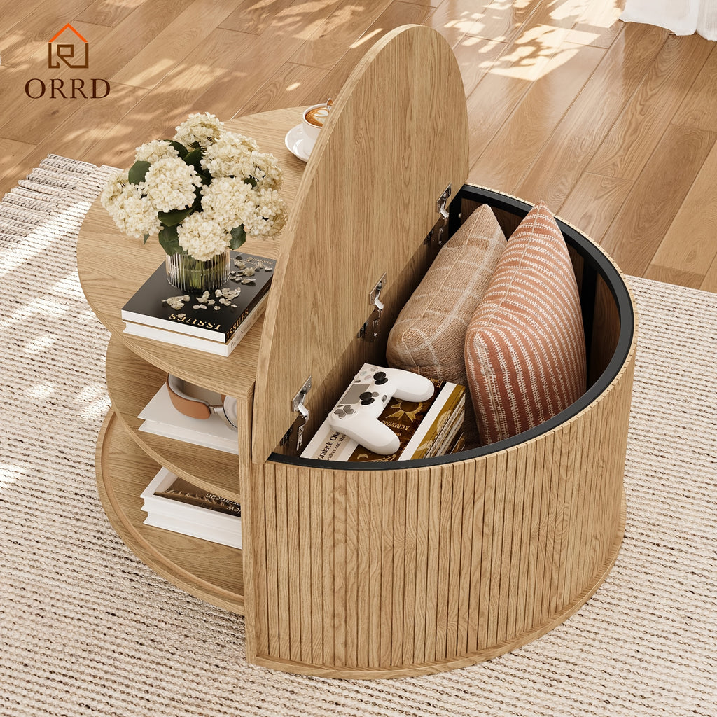 ORRD Modern Round Coffee Table with Sliding Doors - Fluted Design