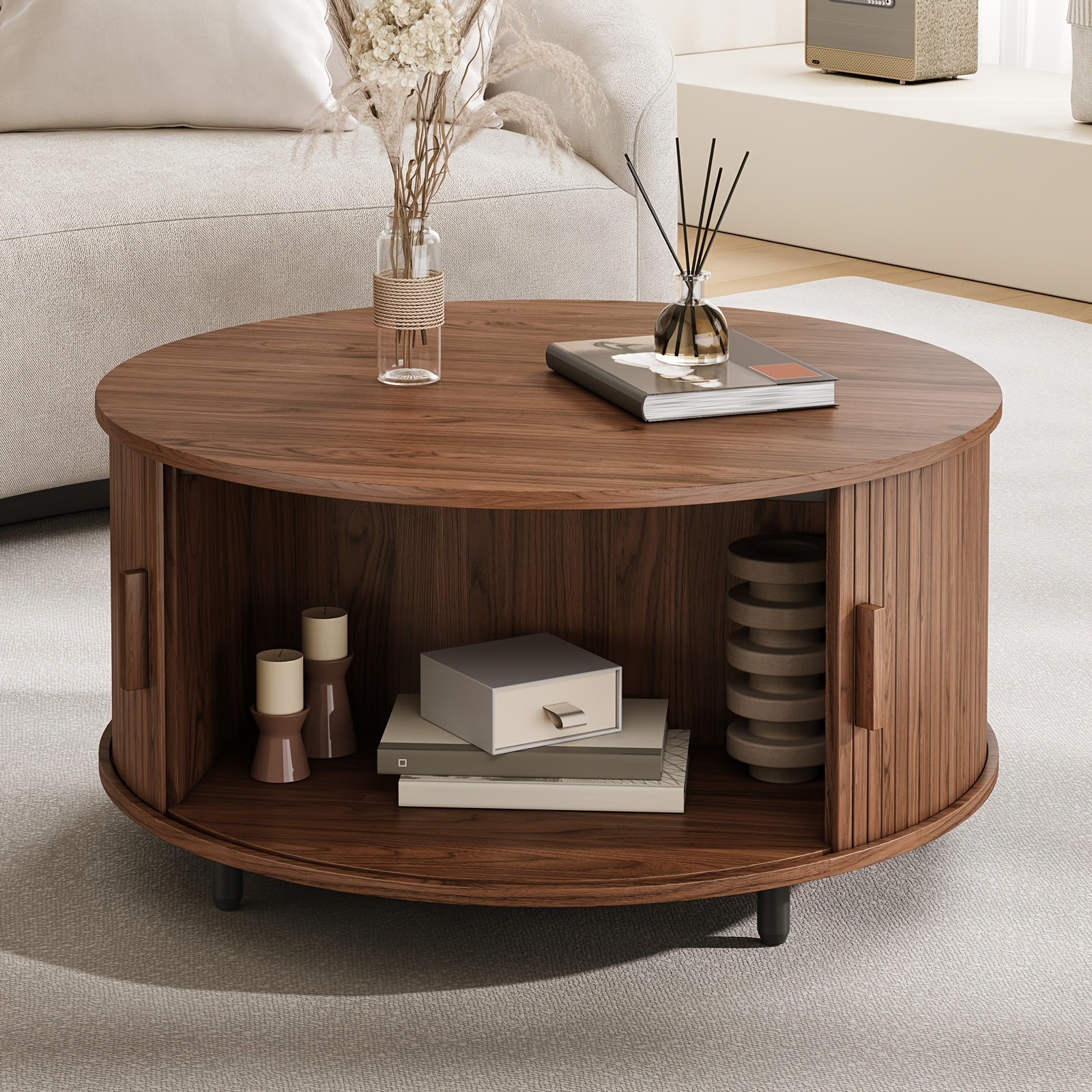 31.5 Inch Wooden Round Coffee Table With Storage Space