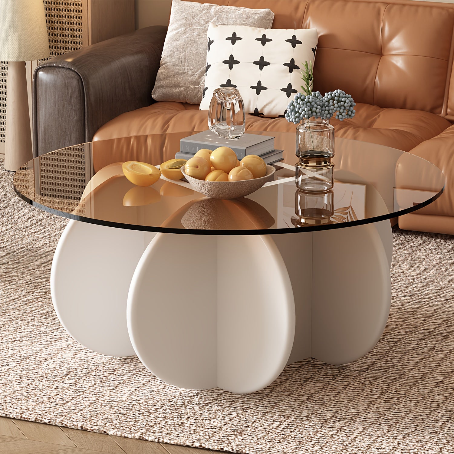 31.5'' Round Glass Coffee Table, Center Table with Tempered Glass-Top for Small Space