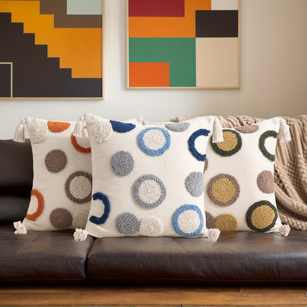 1pc Bohemian Tufted Geometric Circular Pillow Cover with Tassels - Neutral & Multicolor Textured Cushion Case