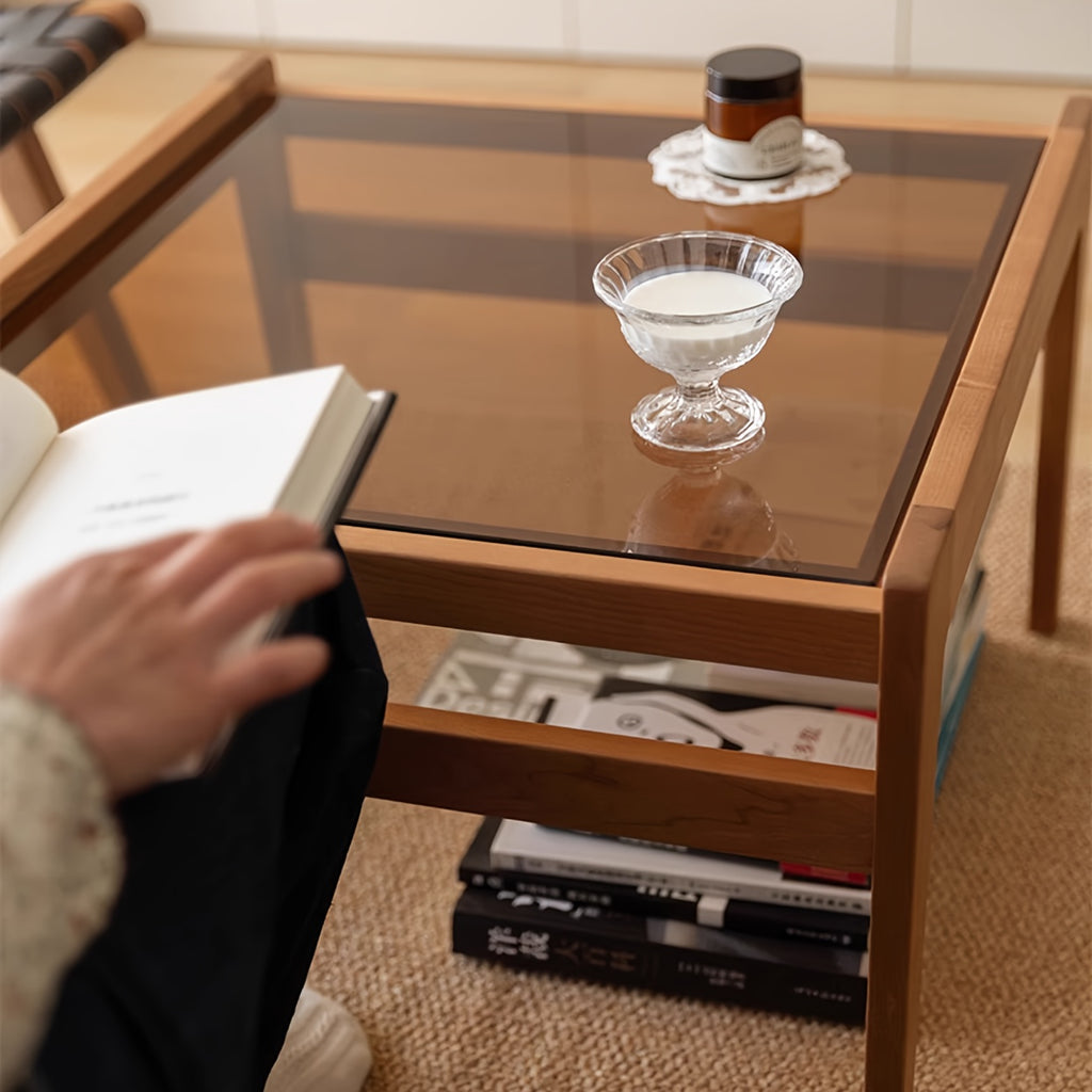 Modern Minimalist Coffee Table - Solid Wood & Brown Tempered Glass Top