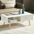 Modern White Rectangle Coffee Table with Sliding Storage Drawer & Solid Wood Legs - Space-Saving MDF Top