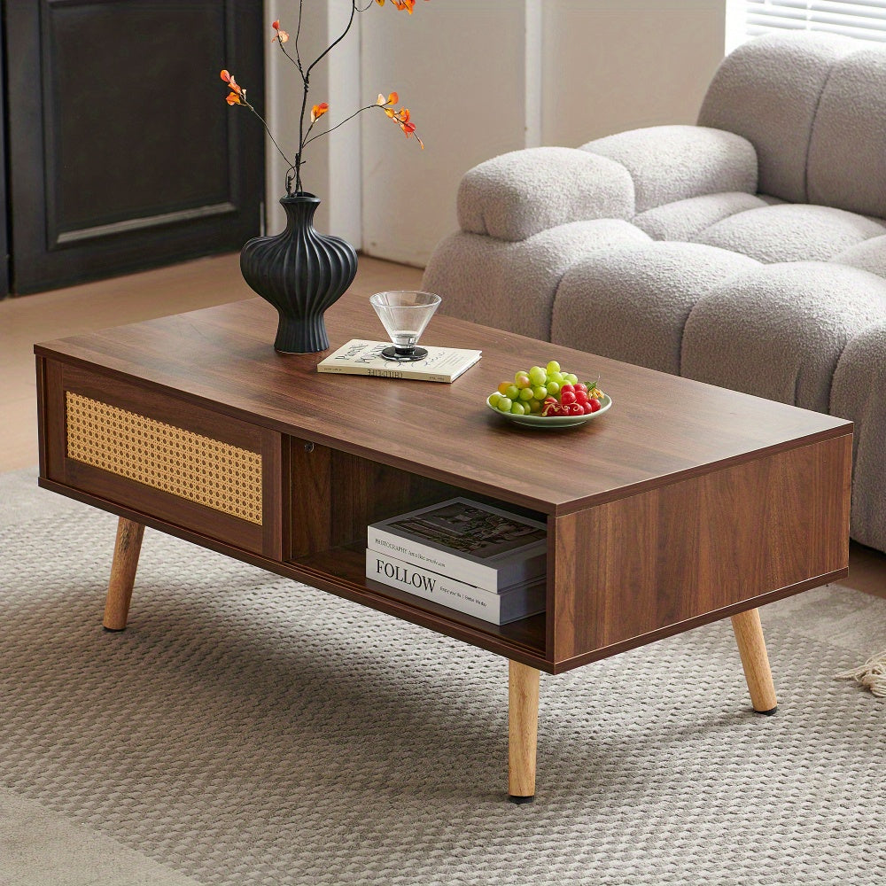 Modern Walnut Coffee Table with Sliding Storage Door & Solid Wood Legs - Space-Saving MDF & Hardwood Construction
