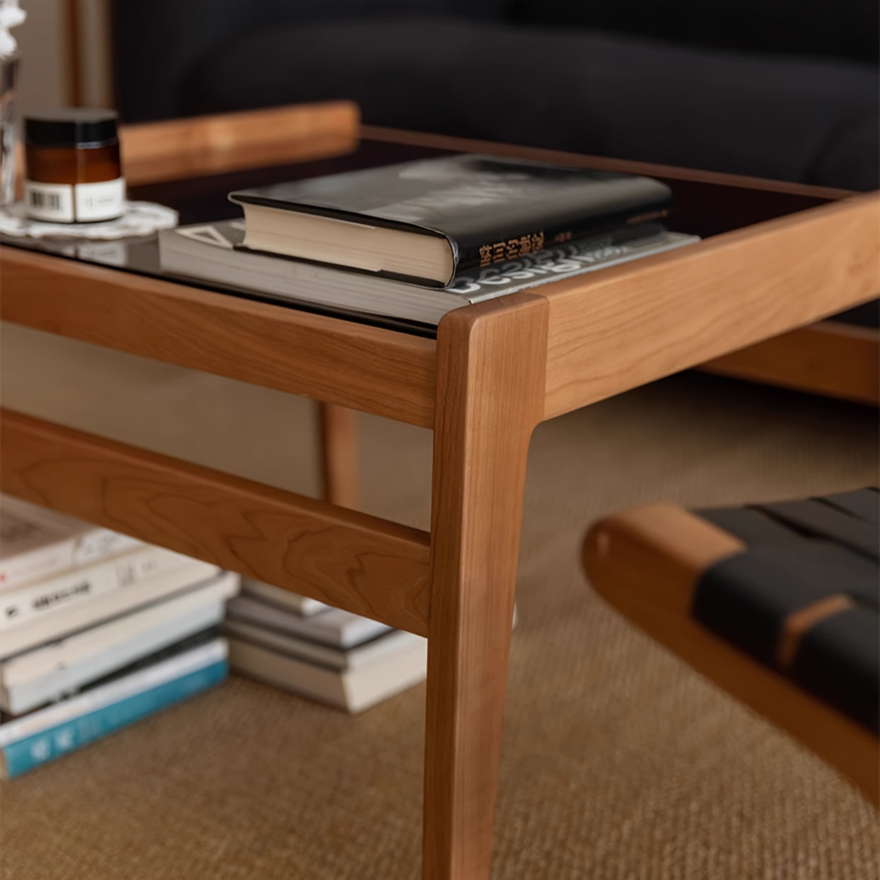Modern Minimalist Coffee Table - Solid Wood & Brown Tempered Glass Top