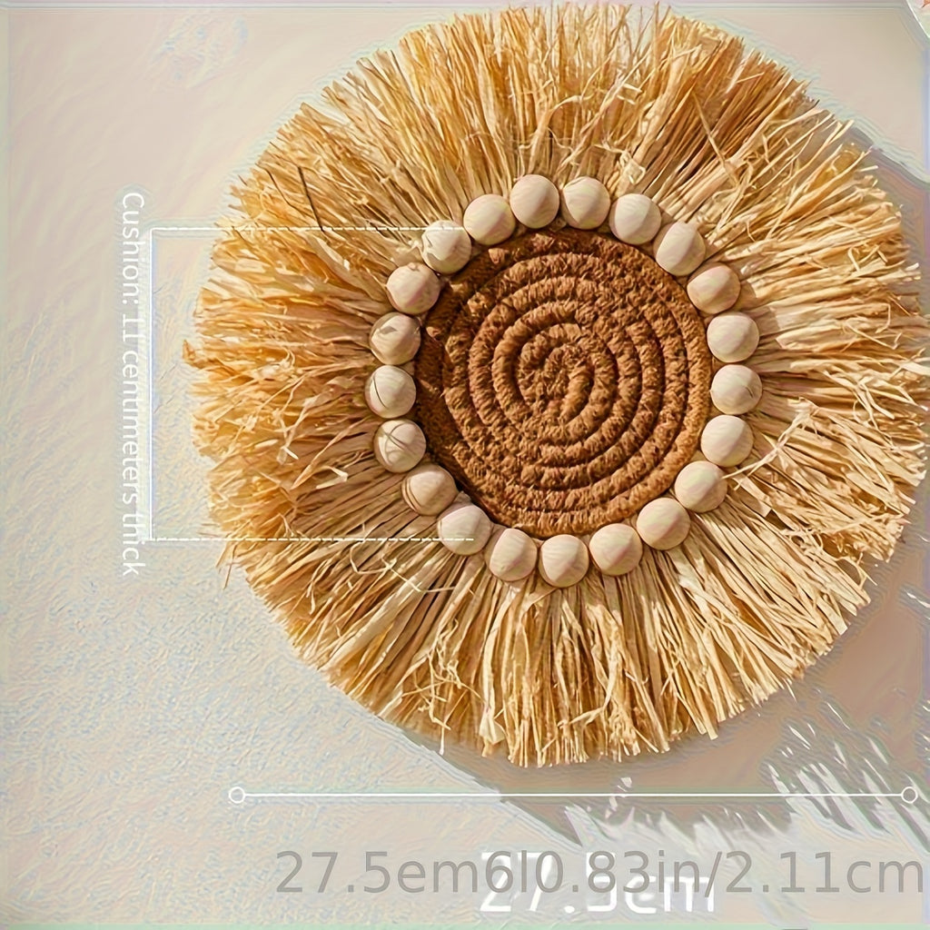 Bohemian style raffia wall decoration - artificial wood geometric circular design, natural beige tone