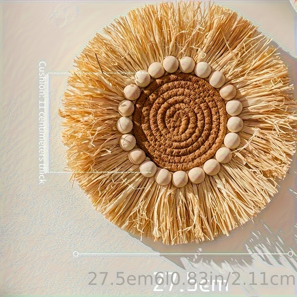 Bohemian style raffia wall decoration - artificial wood geometric circular design, natural beige tone