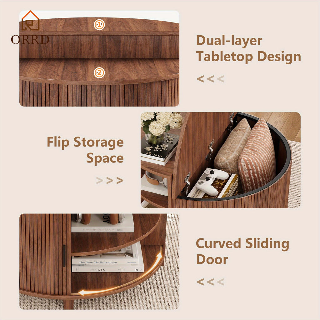 ORRD Modern Round Coffee Table with Sliding Doors - Fluted Design