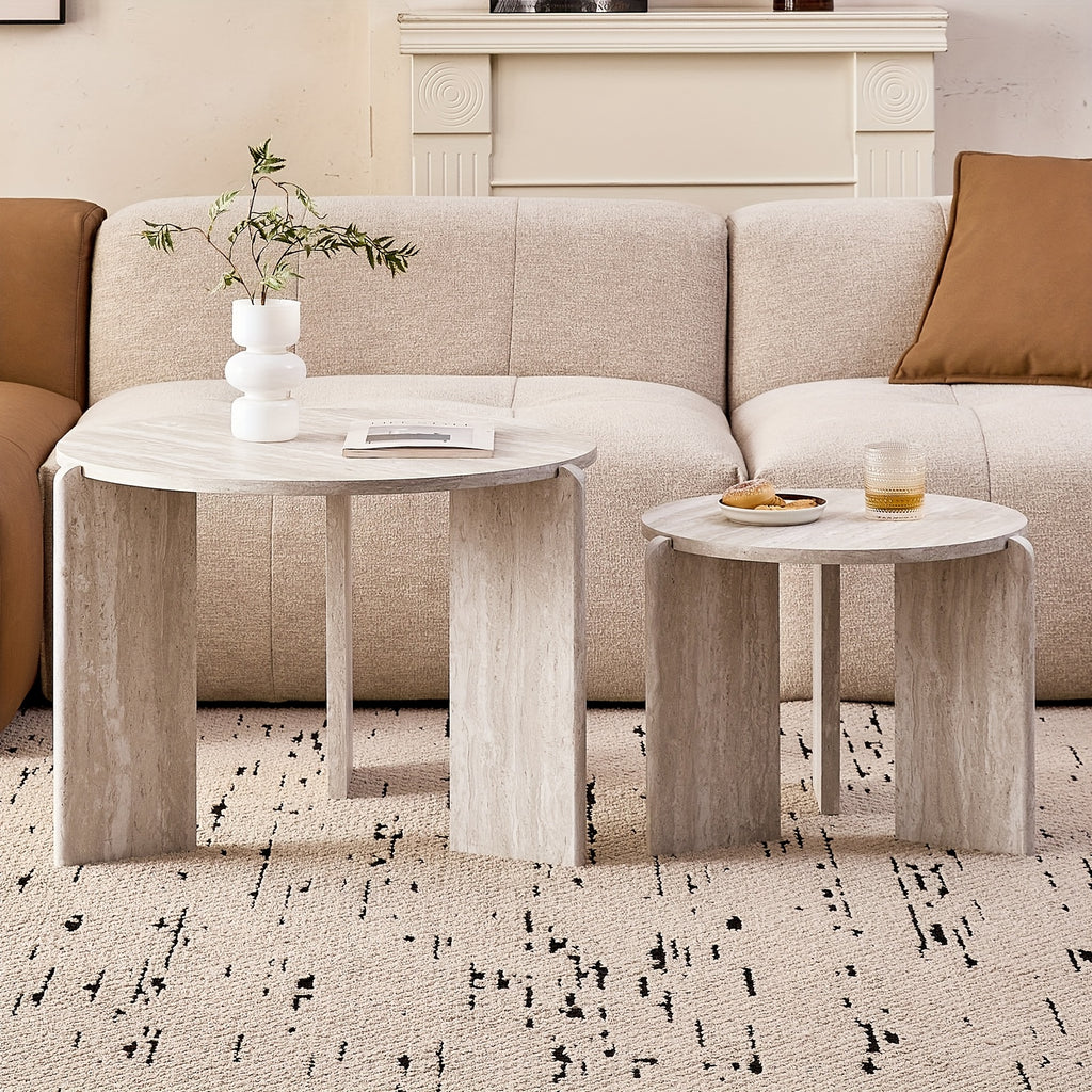 Two Sets of Round Nesting Coffee Tables, Mid-Century Modern Round Side Tables