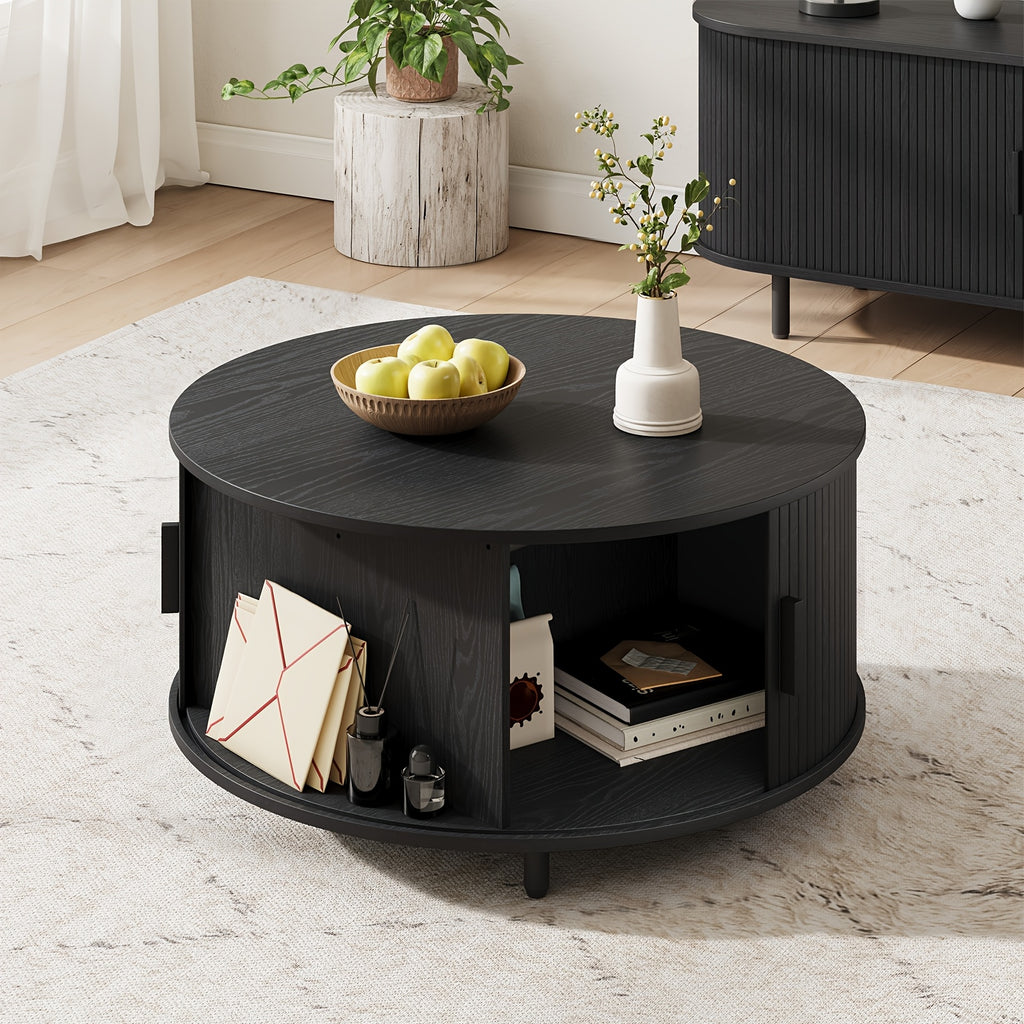 31.5 Inch Wooden Round Coffee Table With Storage Space