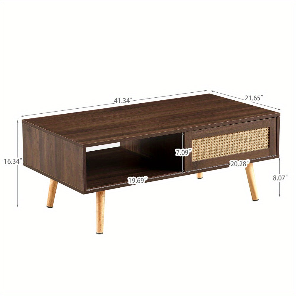Modern Walnut Coffee Table with Sliding Storage Door & Solid Wood Legs - Space-Saving MDF & Hardwood Construction