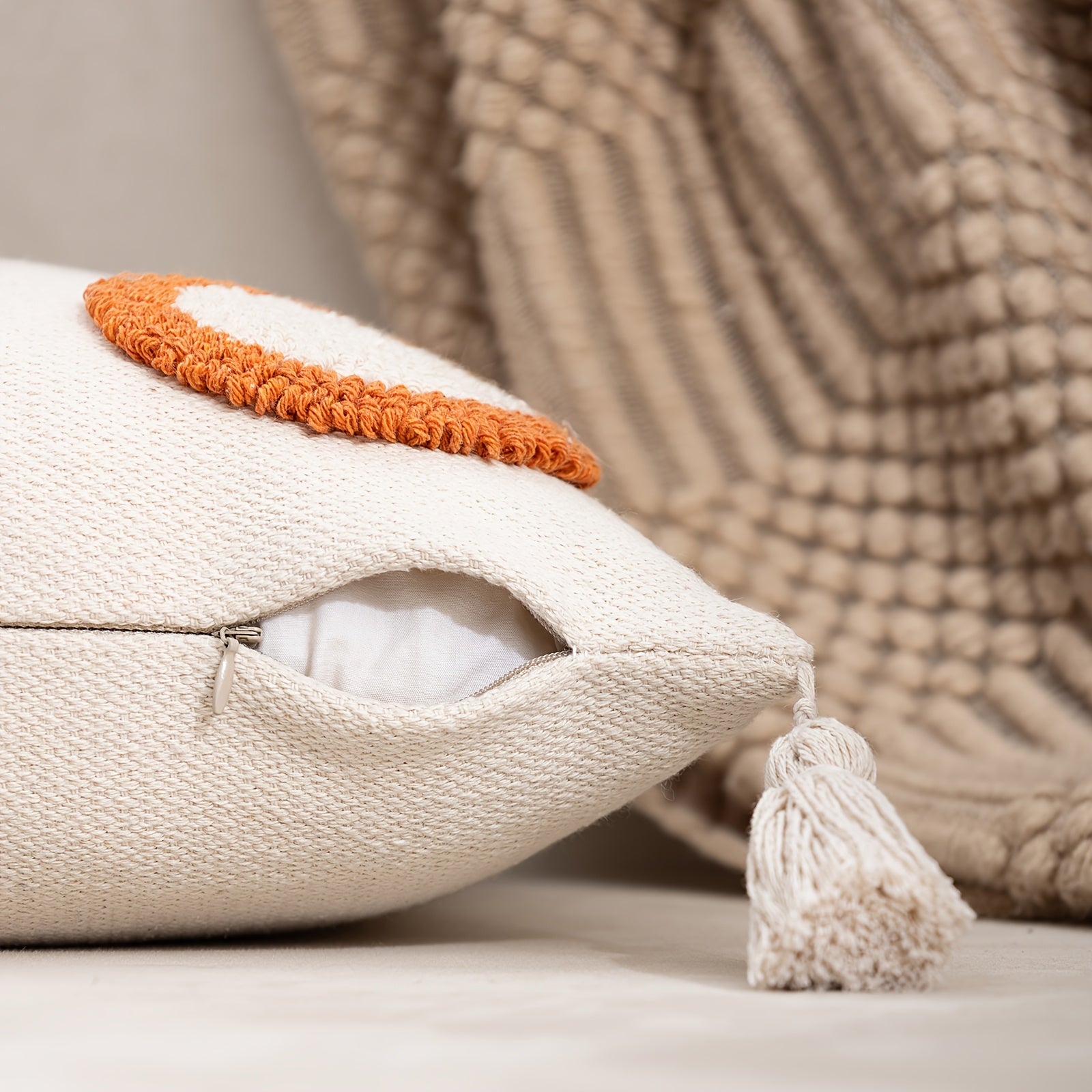 1pc Bohemian Tufted Geometric Circular Pillow Cover with Tassels - Neutral & Multicolor Textured Cushion Case