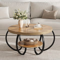 30-inch Round Industrial Modern Coffee Table with Oak Grain Finish & Adjustable Height Legs - Double-Layer Storage Shelf