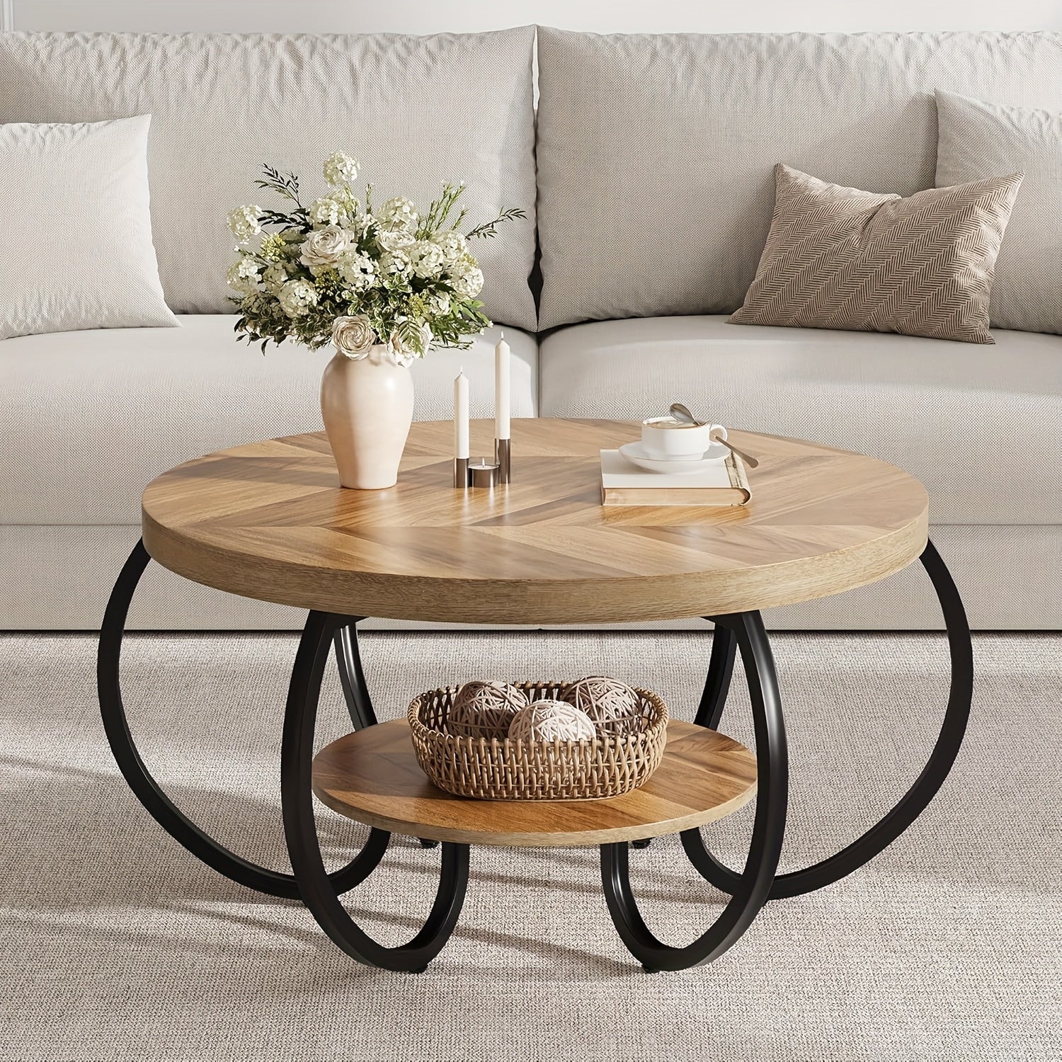 30-inch Round Industrial Modern Coffee Table with Oak Grain Finish & Adjustable Height Legs - Double-Layer Storage Shelf