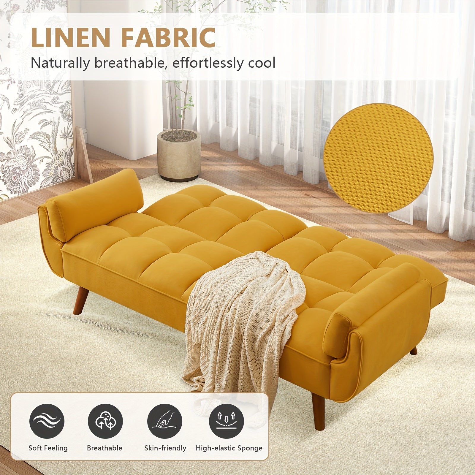 Foldable Sofa Bed, Linen Sleeping Sofa, 75-inch Wide Modern Three-seater Quilted Sofa