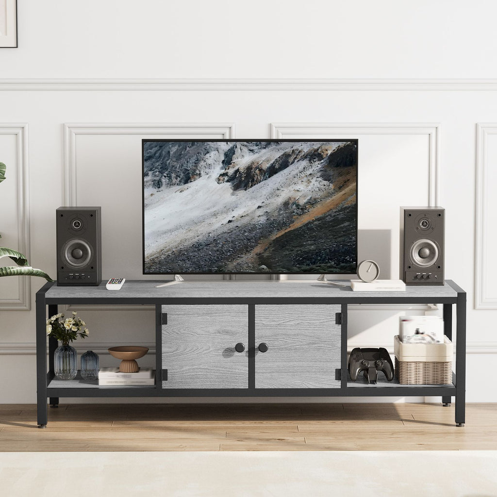 Modern Double Door TV Stand Cabinet with MDF-like - Heavy-Duty Metal, Grey Wood-Look Doors