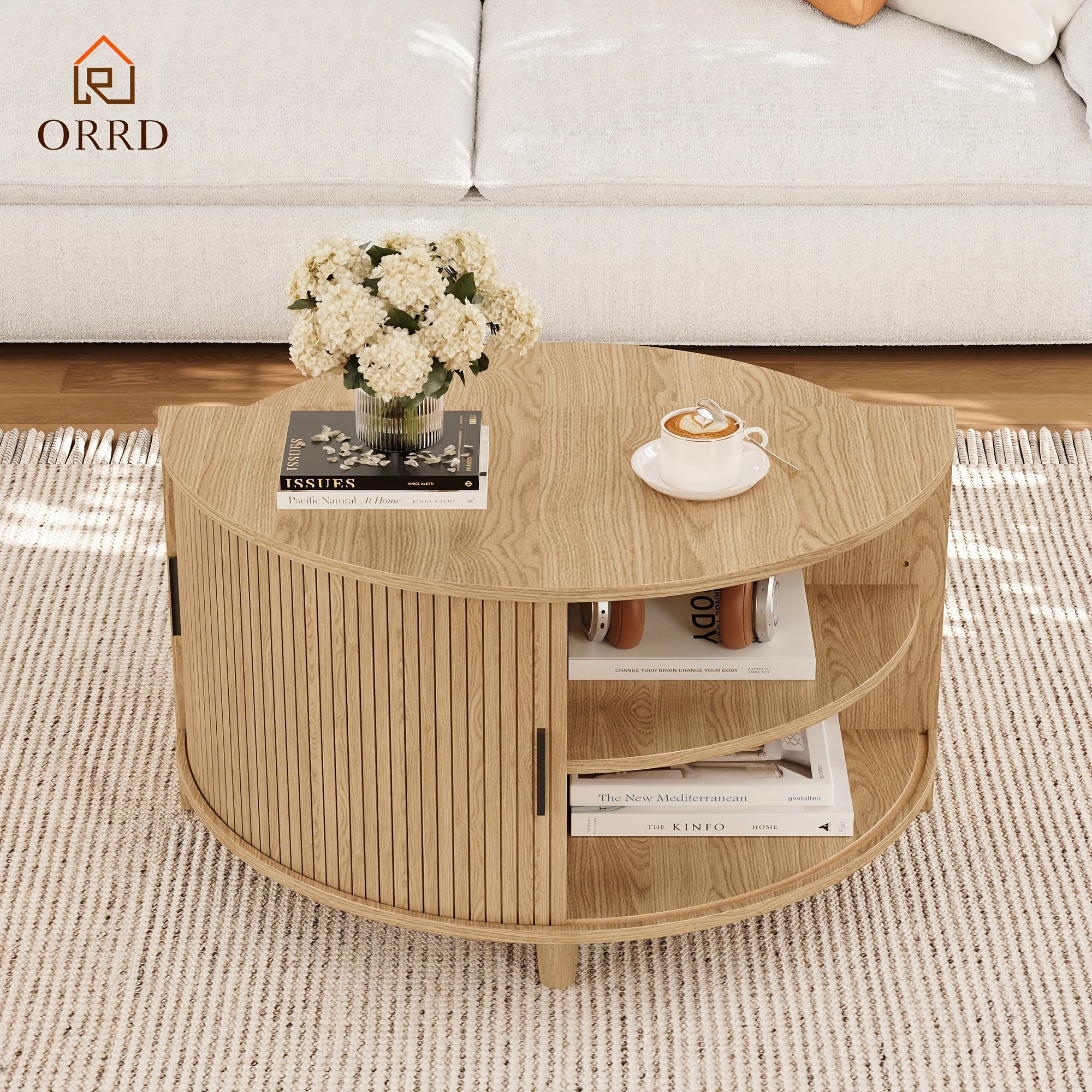 ORRD Modern Round Coffee Table with Sliding Doors - Fluted Design