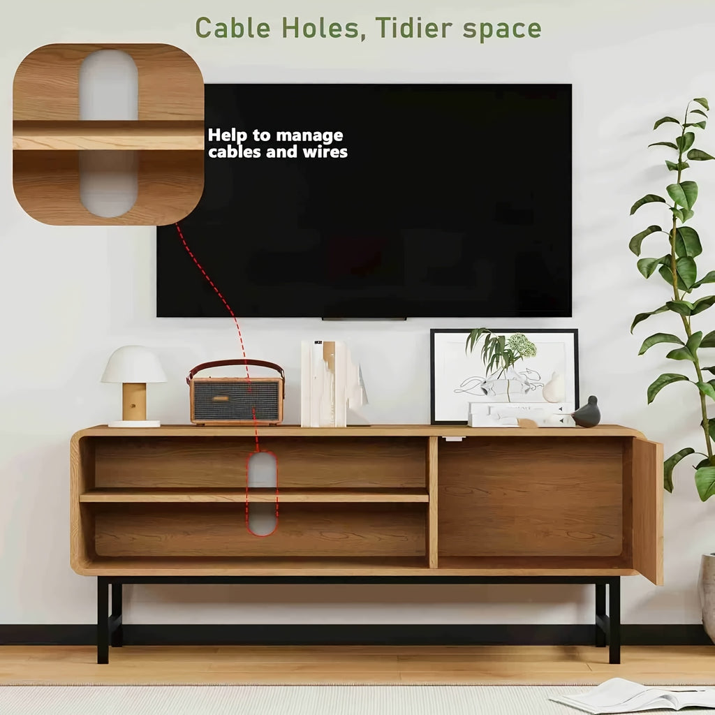 45-Inch Modern Farmhouse Boho TV Stand with Storage Cabinets & Open Shelves - Light Wood Veneer Finish Entertainment Center