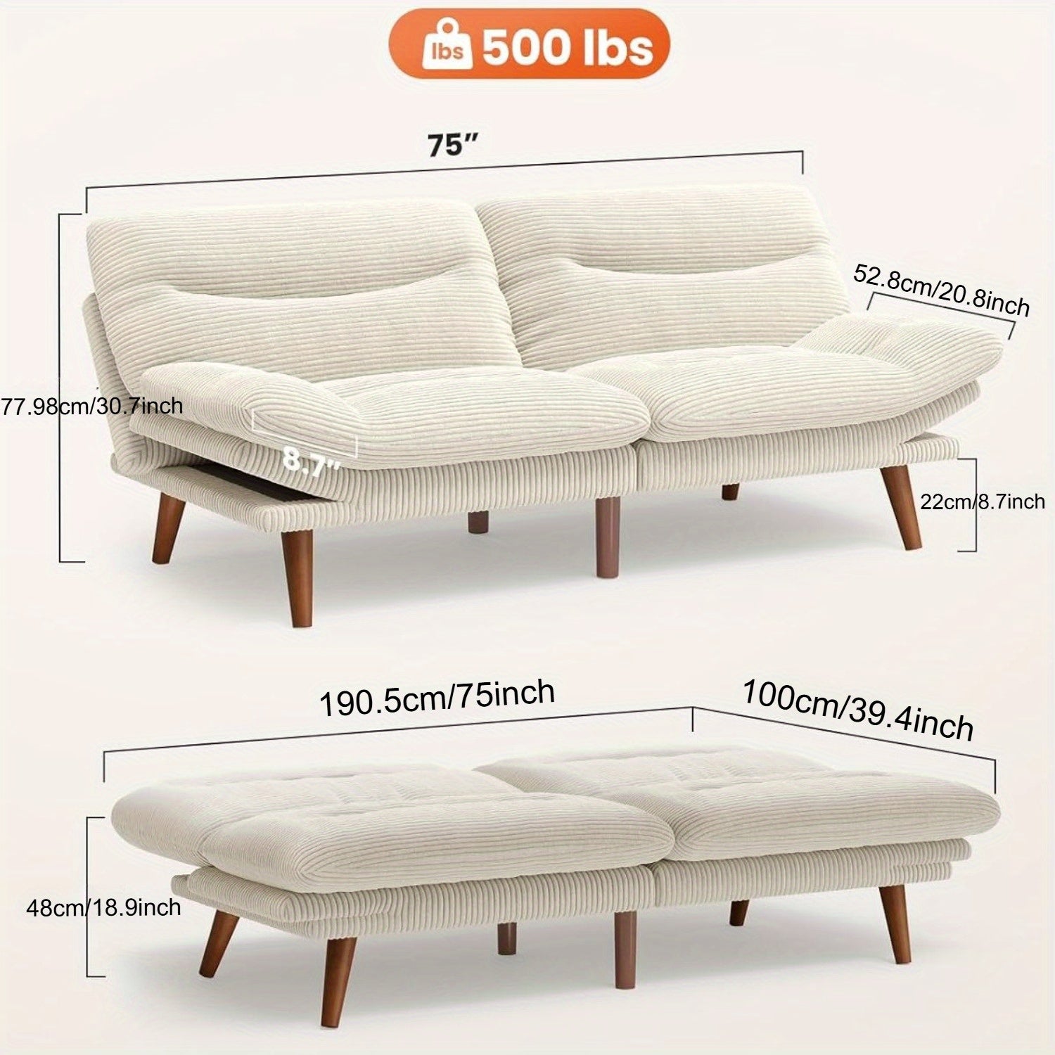 66-75Inch Futon Sofa Bed with Adjustable Backrest Armrests, Convertible Futon Sofa Couch for Small Spaces