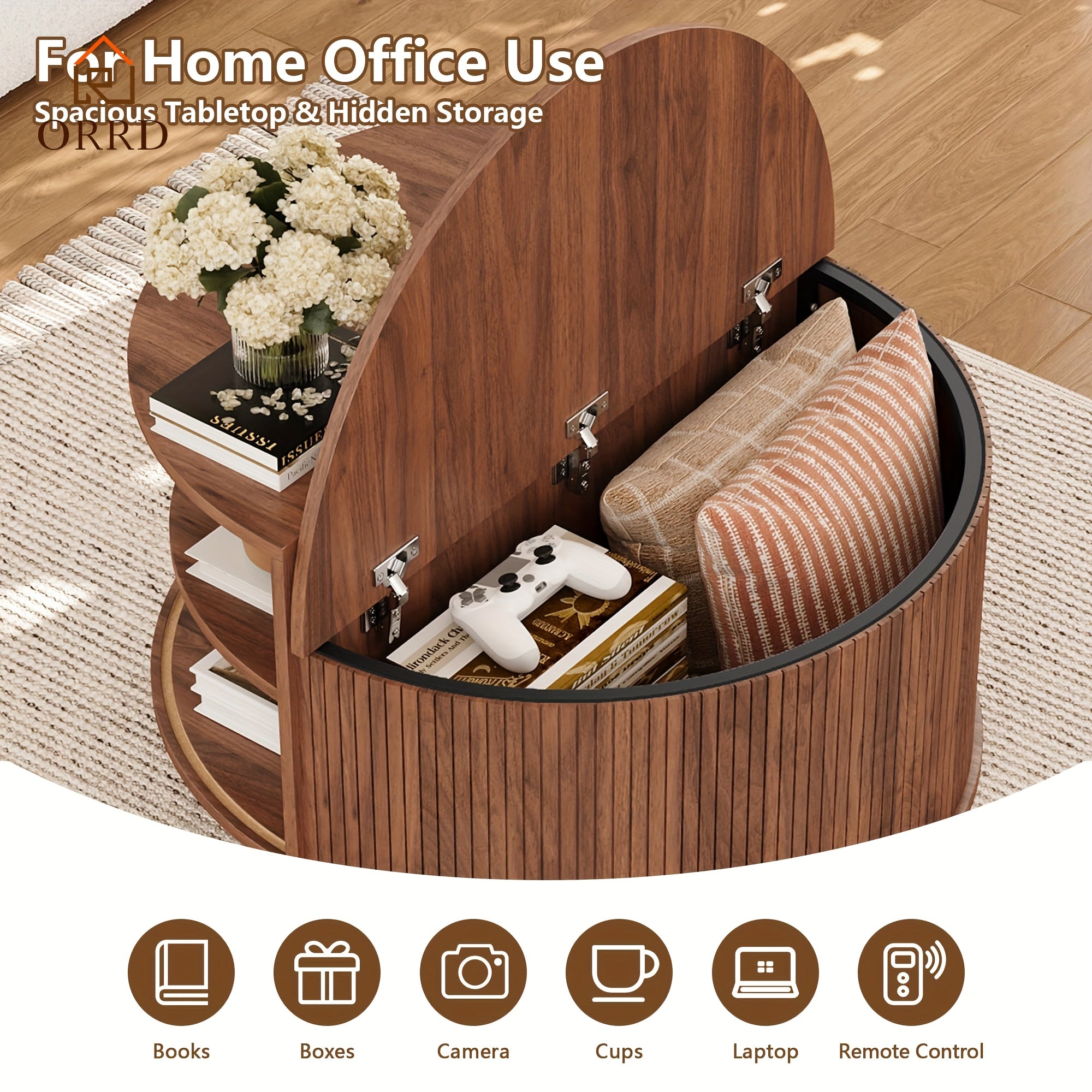 ORRD Modern Round Coffee Table with Sliding Doors - Fluted Design