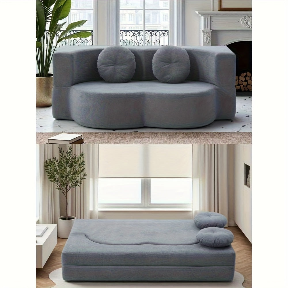 Modern Floor Sofa with 2 Pillows, Convertible Teddy Fabric Foam-Filled Sleeper Sofa Bed, 15\