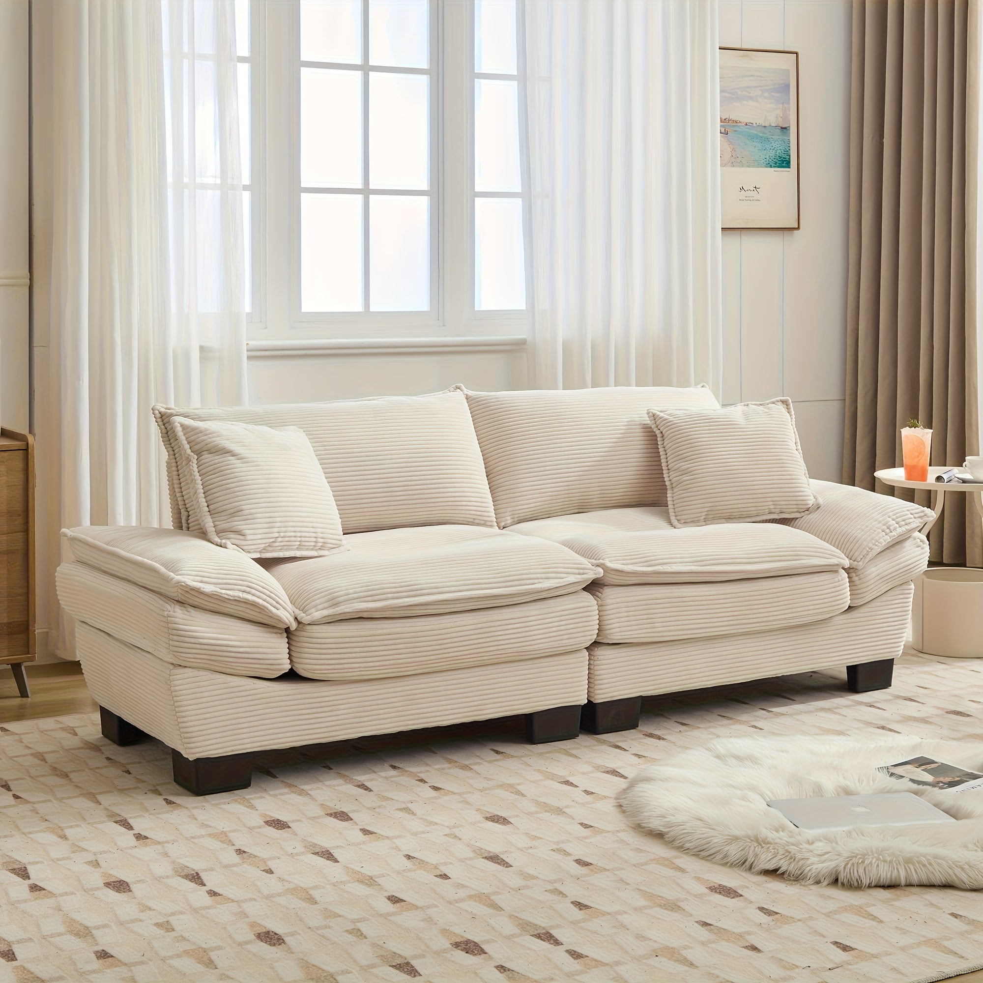 2-Seat Modular Sectional Sofa With Deep Seating, Corduroy Double-Layer Seat Cushions, Memory Foam
